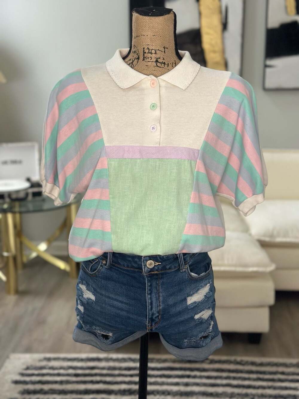 Vintage Pastel Colorblock Striped Short Sleeve Polo Shirt